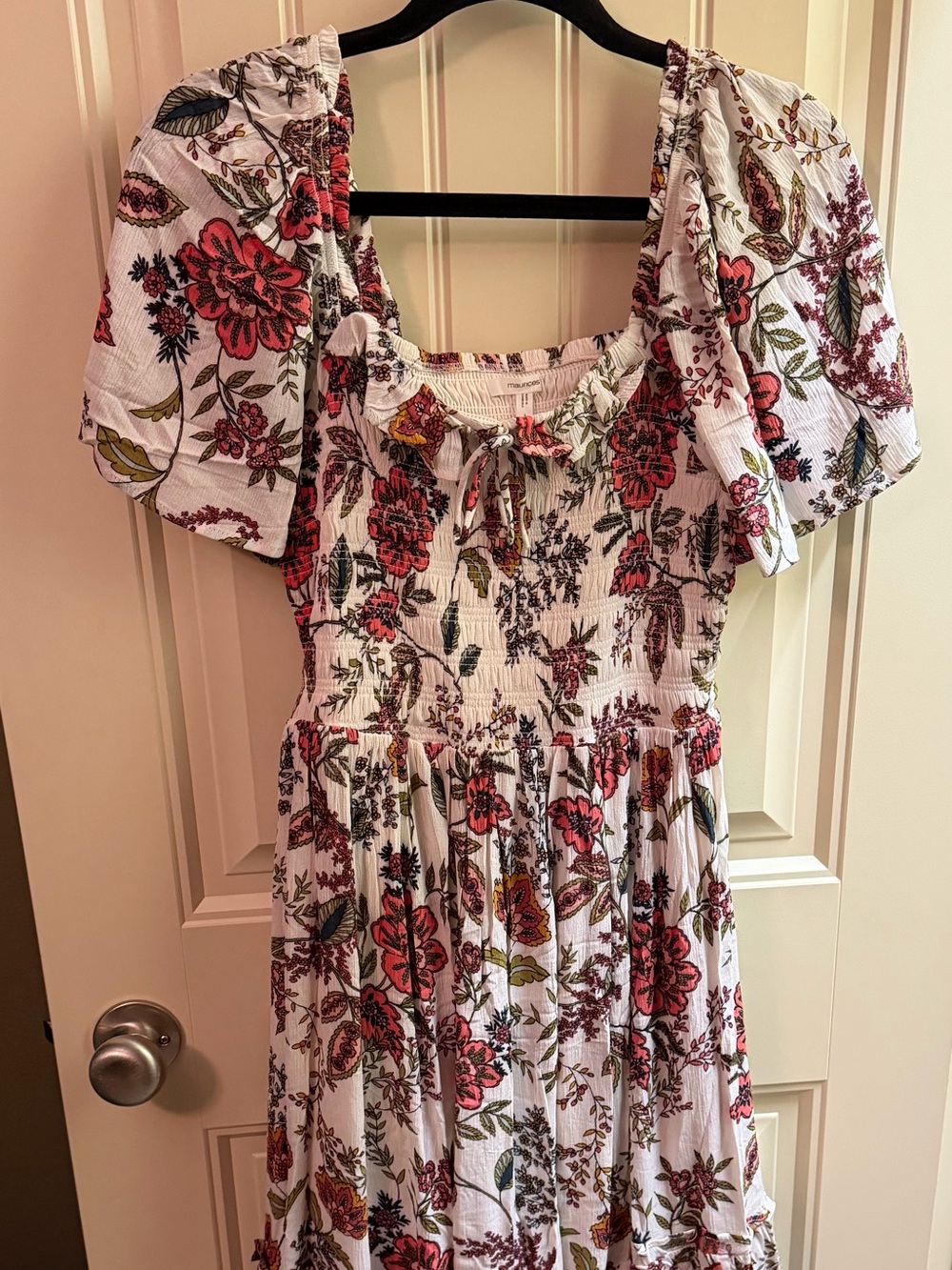 Maurices White Floral Midi Dress with Red and Green Print